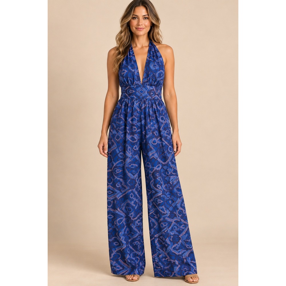 Pia Colors Women Jumpsuit S Blue Printed Halter Neck Wide Leg Pockets